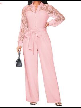Lace Panel Wide Leg Jumpsuit Dressy Romper with Pockets